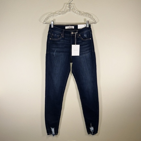 KanCan Dark Wash Distressed High Rise Skinny Jeans Women Size 25 NWT Casual - Picture 1 of 8